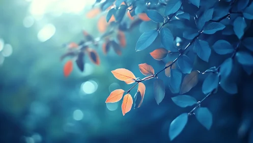 Blue and Orange Leaves on Branch, Dreamy Bokeh Nature Photography.