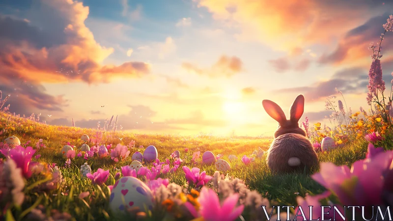 Sunset bunny listens quietly as painted eggs glow awake