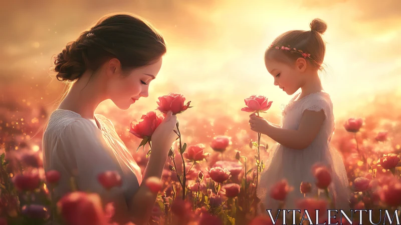 Mother and child harvest roses in golden sunset light.