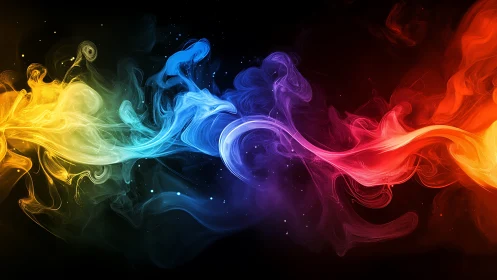 Flowing rainbow smoke drifts across a deep black night sky