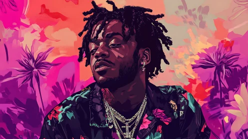 Stylized portrait of man in floral shirt against neon tropical backdrop