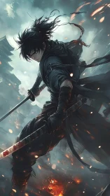 Dark anime swordsman stands in burning stormy battlefield.