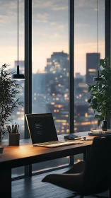 Modern Workspace Overlooking Twilight City Skyline.