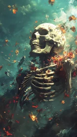 Skeleton in a storm of petals and drifting ocean light.