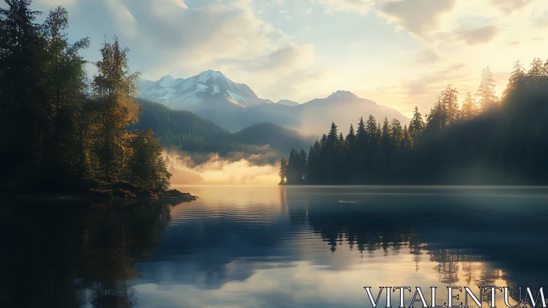 Gentle sunrise over a misty mountain lake haven.