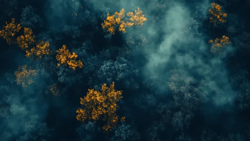 Foggy forest canopy reveals glowing orange treetops at dawn