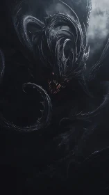 Ancient void demon coils in darkness with burning embers