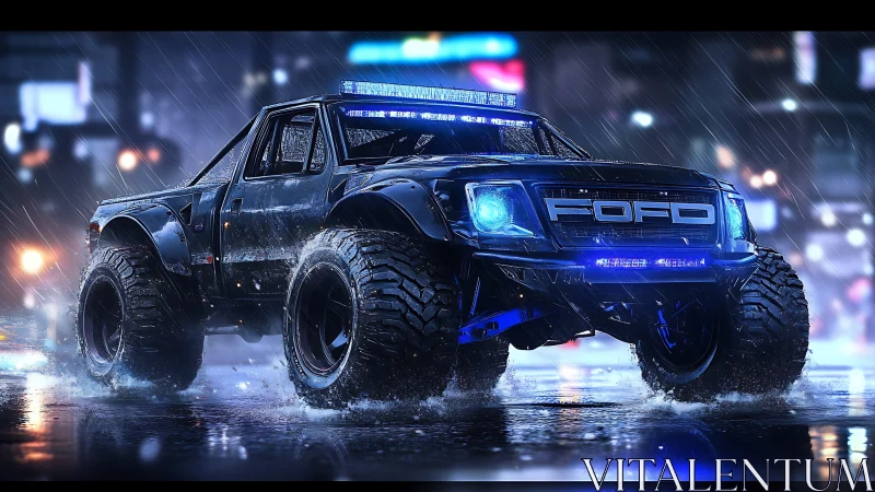 Night-storm off-road truck roaring through neon city rain.