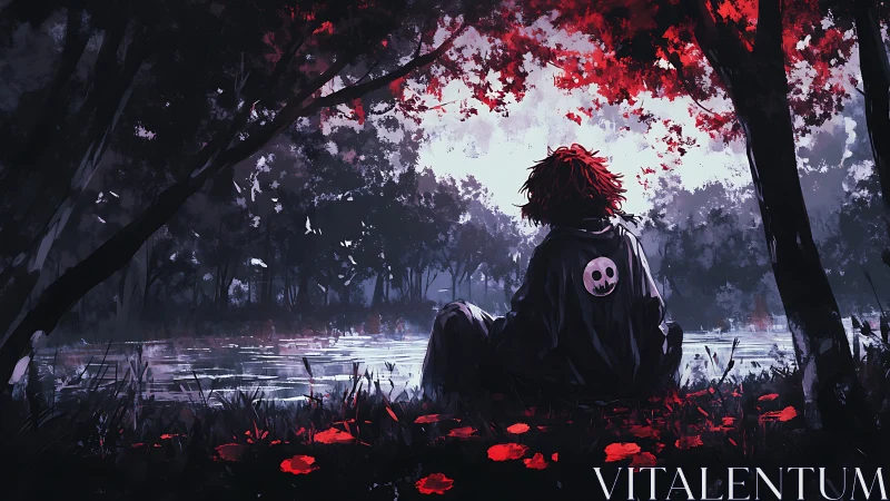 Solitary figure by reflective river under crimson canopy.