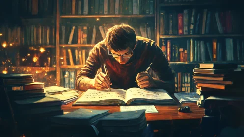 Cinematic digital painting of focused student studying in library glow