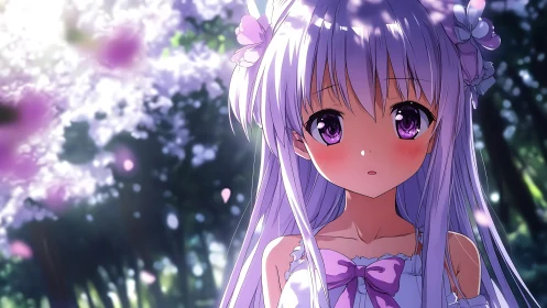 Anime girl with lavender hair under blooming trees outdoors.