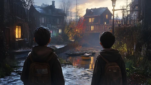 Two boys confront a flooded twilight village street.