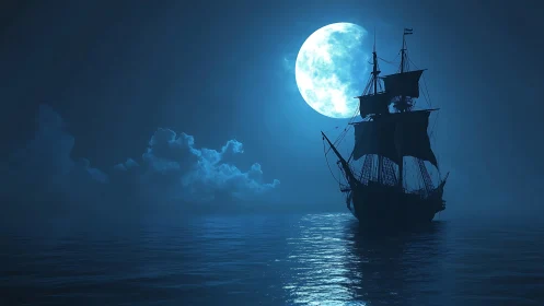 Moonlit tall ship silhouette on misty nocturnal seascape.