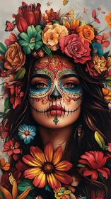 Sugar skull portrait merges floral crown and vivid symbolism.