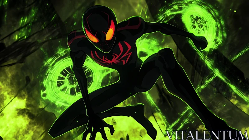 Neon-suited hero dives through glowing green vortex portals.