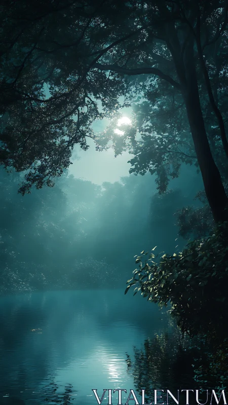 Nocturnal forest lagoon under diffused moonlit haze