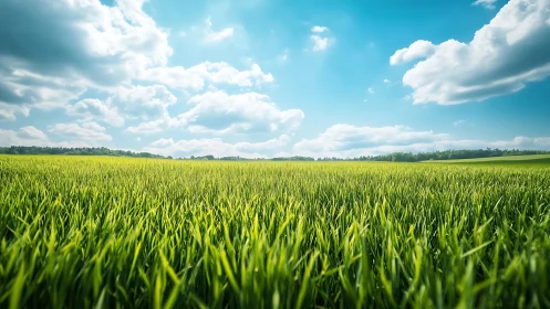 Low-angle summer grassland under cumulus cloud sky panorama
