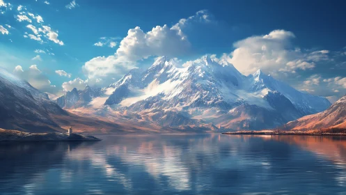 Snow covered mountains rise above calm reflective lake