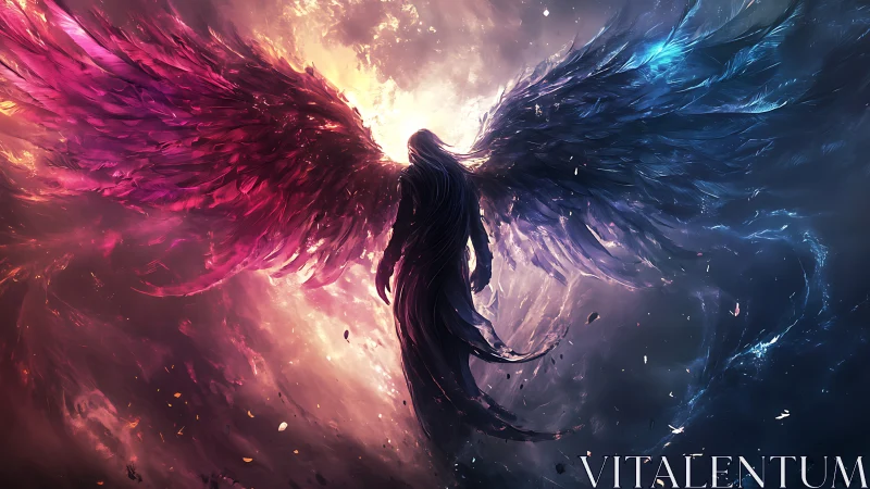 Bipolar winged silhouette in nebular light, magenta to cyan gradient