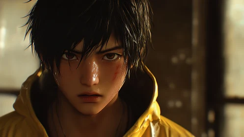 Rain-drenched youth in yellow jacket rendered hyperrealistically