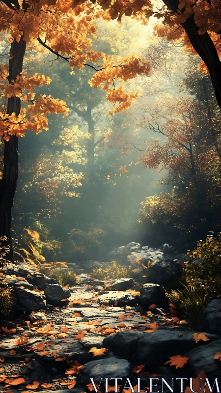 Autumn Forest Stream with Golden Canopy Light