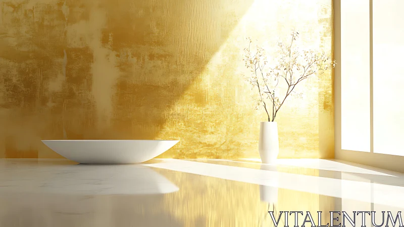 Sunlit gold wall and quiet white decor in serene stillness.