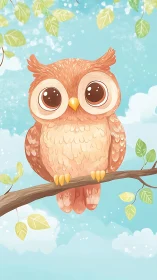 Big-eyed baby owl perched on branch in pastel sky scene.