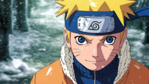 Snow-dusted ninja gaze blazing through the silent forest.