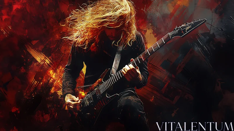 Electric guitarist with long hair against abstract red field.