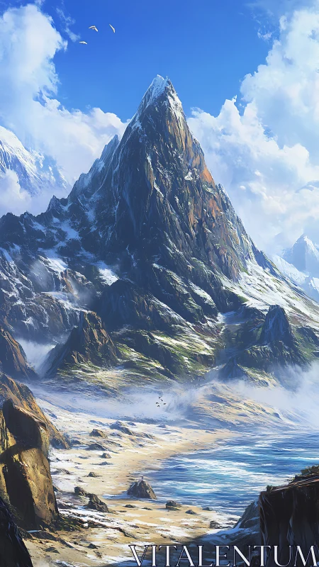 Towering coastal peak under crisp blue winter sky.