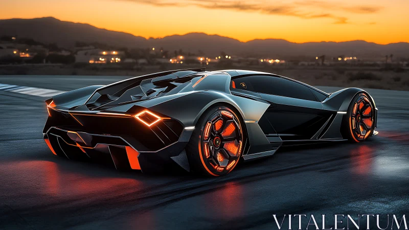 Futuristic hypercar renders under dusk lighting with neon rim glow
