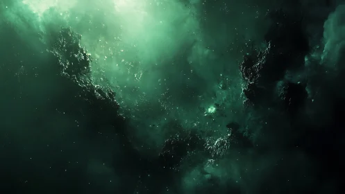 Digital nebula void with luminous emerald particulate fields.