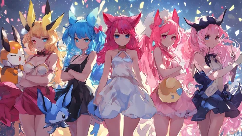 Anime girls with animal ears in bright party dresses.