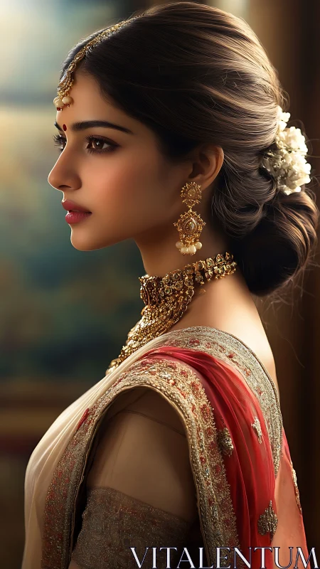 Side profile of woman in ornate saree and gold jewelry