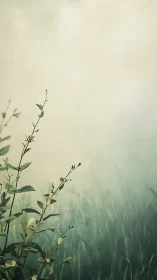 Gentle green stems rise quietly through soft morning haze