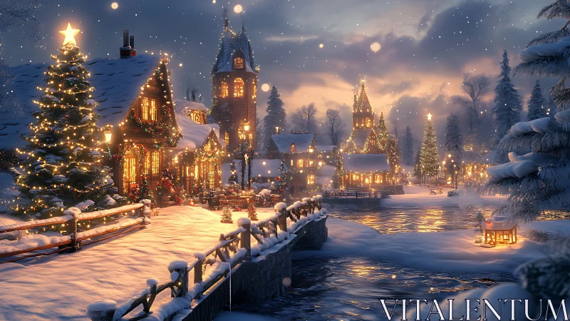 Snow covered village riverfront with seasonal lighting at dusk.