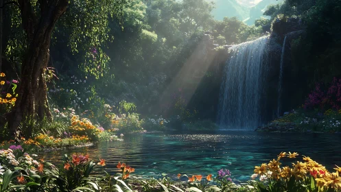 Lush forest waterfall with sunlit pool and flowers.