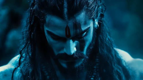 Moonlit warrior sage in deep blue meditative silence.