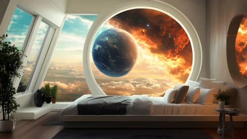 Futuristic bedroom with cosmic planet window view at dawn.