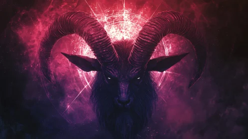 Horned goat skull illustration with glowing circular sigil.