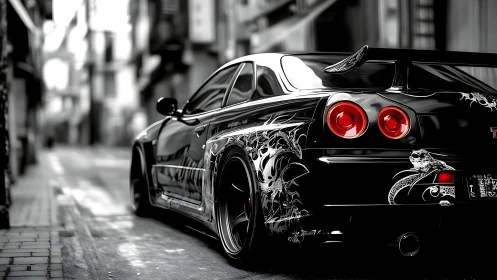 Black tuner coupe with dragon livery in narrow city alleyway.