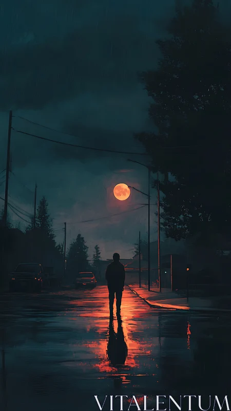 Lone figure walks a wet street under a burning red moon