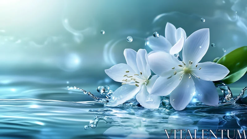 White Flower in Water with Droplets.