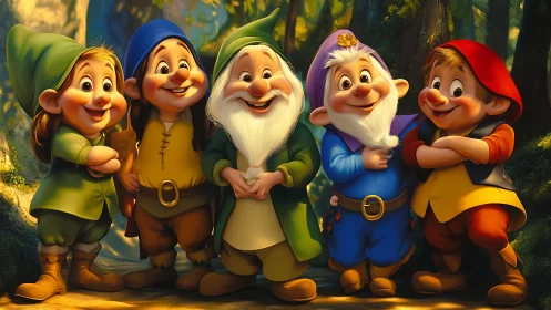 Smiling forest dwarfs stand together in warm evening light