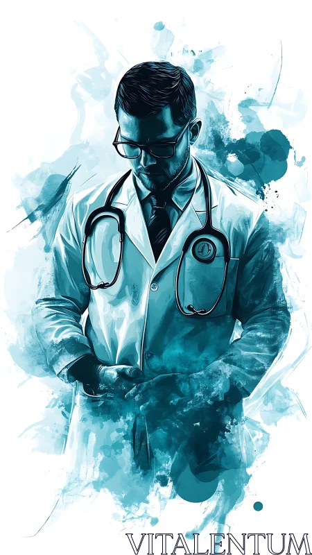 Contemplative doctor portrait in teal abstract watercolor.