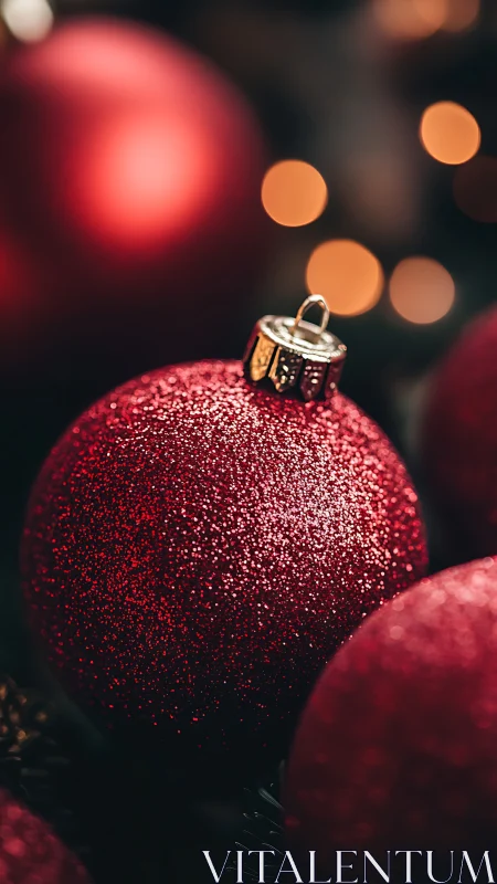 Macro view of glittered red Christmas bauble with bokeh lights.