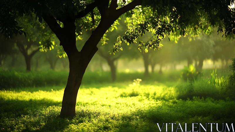 Morning light drapes a quiet orchard in shimmering green hush
