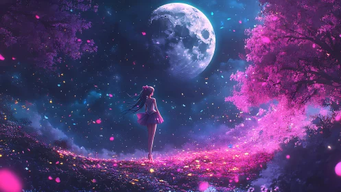 Solitary figure beneath full moon in luminous pink grove.