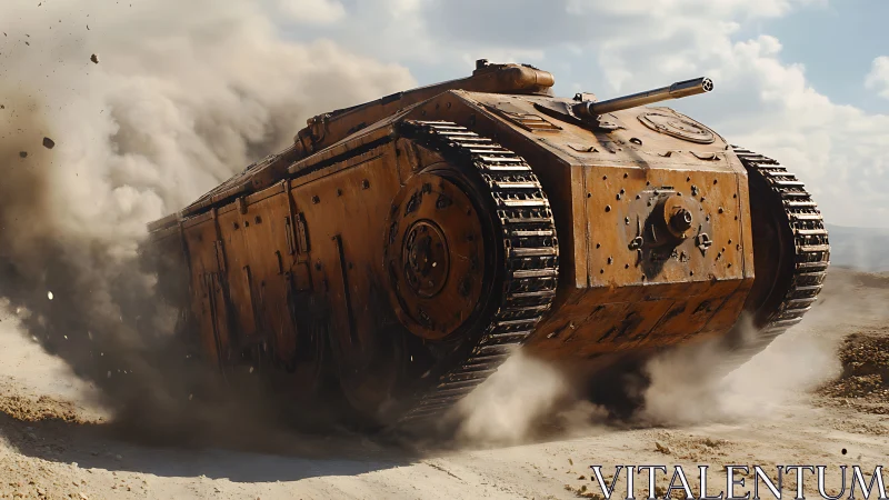 Tracked armored vehicle advances through dust and debris