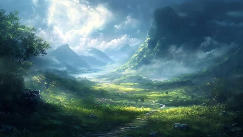 Luminous valley landscape under towering misty mountains.